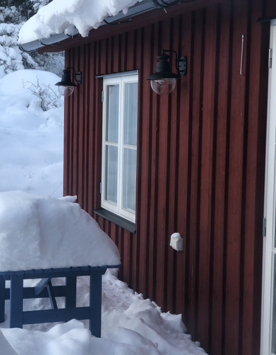 Fasaden på en tillbyggnad med röda brädor i olika bredder, snöig mark och två vägglampor.