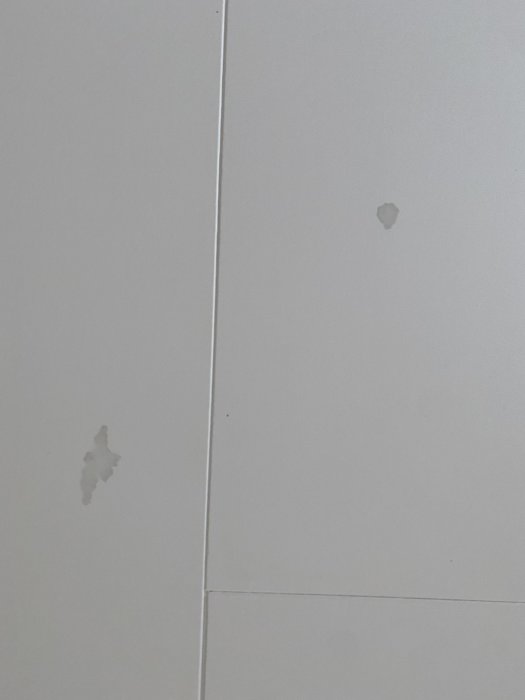 Fläckar där färgen har lossnat på en vit vägg med synliga sömmar mellan panelerna.