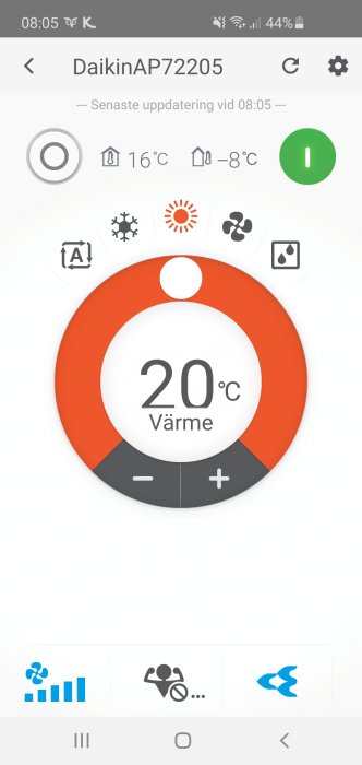 Skärmdump av en Daikin värmepumps styrapp som visar inställd temperatur på 20 grader Celsius.