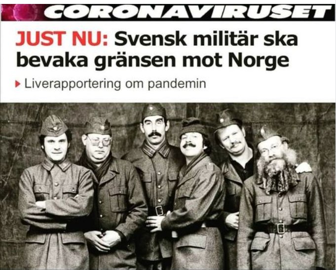 Satirisk bild på fiktiva militärfigurer i karikatyrstil som påstås bevaka gränsen.