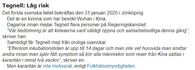 Skärmbild av en nyhetsartikel om Anders Tegnells uttalande beträffande låg risk för smitta från Kina.