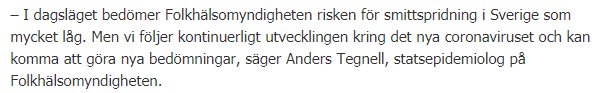 Skärmdump av en nyhetsartikel där Anders Tegnell kommenterar risken för smittspridning i Sverige.