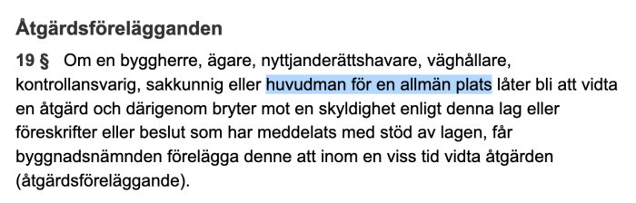 Textutdrag från Plan- och bygglagen (PBL) med fokus på regler om åtgärdsföreläggande.