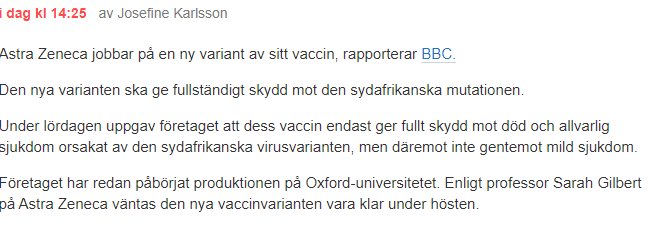 Skärmbild av ett foruminlägg om AstraZeneca och deras arbete på en vaccinvariant mot virusmutationer.