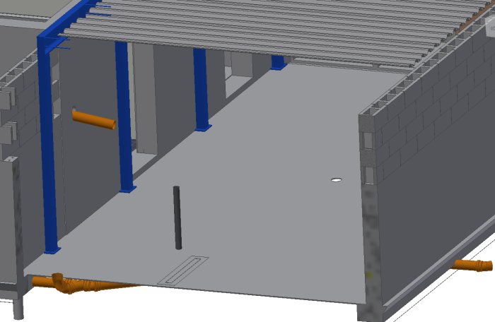 3D-CAD-modell av källarspa med UPE-balkar, VKR-rörpelare och samverkansplåtar.