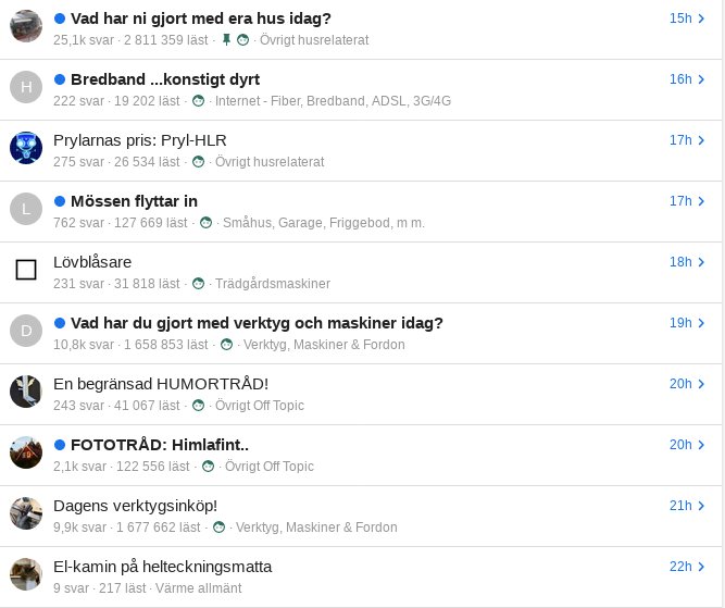 Skärmdump av ett diskussionsforum med olika trådar om bygg och renovering, där besökarnas inlägg listas.