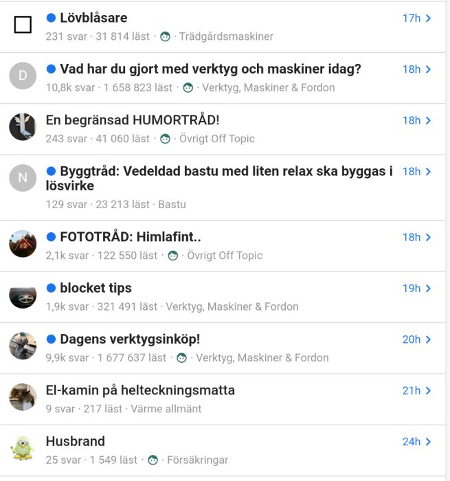 Skärmdump av ett diskussionsforum med olika trådar, visar användarnamn, ämnen och statistik för svar och visningar.