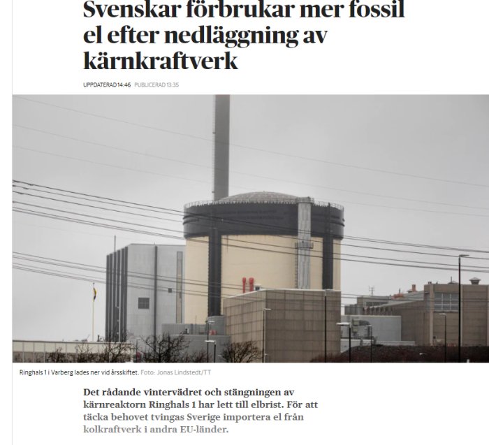 Kärnkraftverket Ringhals i dimmigt landskap, symbol för artikeln om Sveriges energiexport och elbrist.