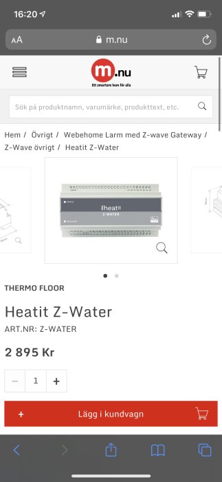 Heatit Z-Water golvvärmeregulator på m.nu webbsida, pris och köpknapp synliga.