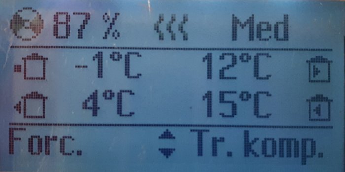 Digital display som visar temperaturer för frånluft, utomhus och varmvatten i ett värmesystem.