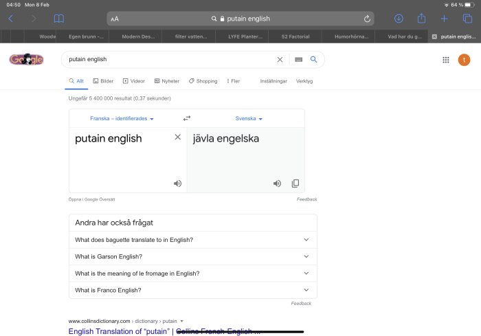 Skärmbild av Google-översättning med felaktigt översättningsexempel från franska till svenska.