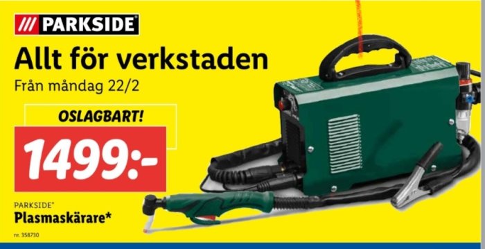 Reklambild för PARKSIDE plasmaskärare till specialpris 1499 kronor med texten "Allt för verkstaden".