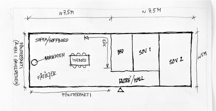 Handritad skiss av ett allrumsplan med möbler, BRICKA, MATBORD och FÅTÖLJER samt sovrum.