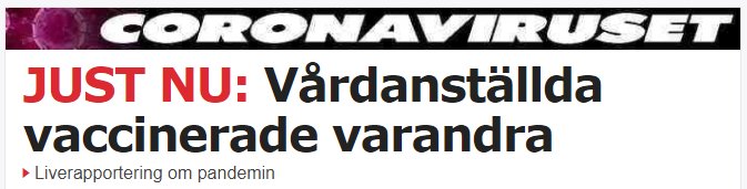 Skärmdump från Aftonbladet med rubrik om vårdanställda som vaccinerar varandra mot covid-19.