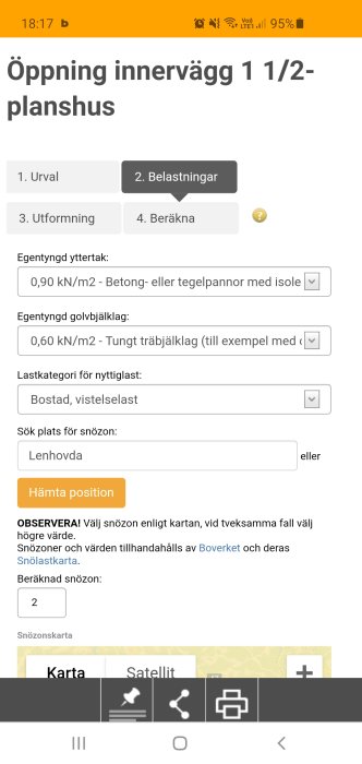 Skärmdump av en beräkningsapp för belastningar på tak och golvbjälklag i byggnadskonstruktion.