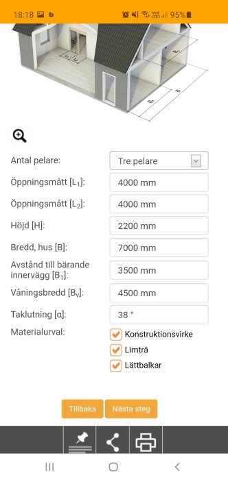 3D-modell av ett 1,5-planshus med måttangivelser och materialval för konstruktion.