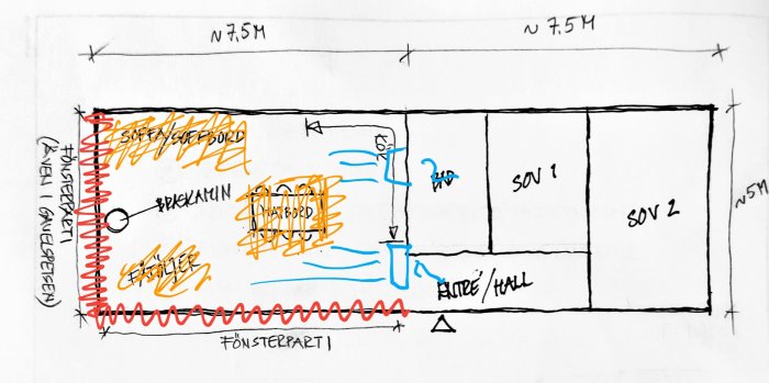 Handritad skiss av en planlösning med markerade platser för installation av en pump vid entrén och takmonterad innerdel.