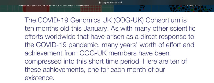 Webbsida som beskriver COVID-19 Genomics UK Konsortiets tio månaders arbete och prestationer.