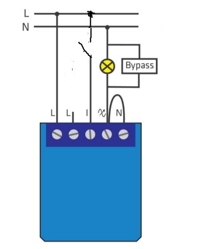 Elektriskt kopplingsschema för hemautomation med en minidimmer, brytare och bypass-modul.