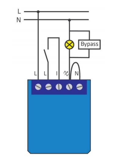 Schematisk illustration av en minidimmer kopplad till ett hemautomationssystem med en bypass.