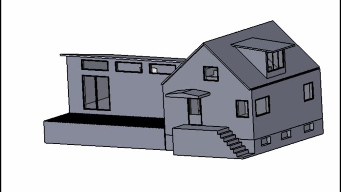 Skiss av en husutbyggnad med limträbalk i taket och lutning på 14 grader.