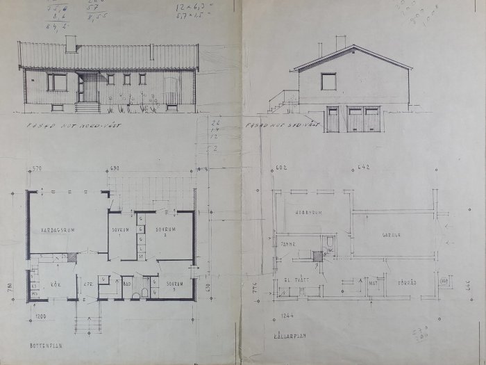 Arkitektritningar av enplanshus med källare inkluderar bottenvåning, källarplan och fasader.