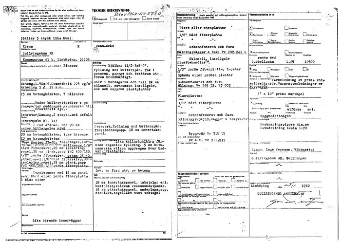 Svartvit bild på teknisk beskrivning och sektionsritning för byggprojekt från 1962.