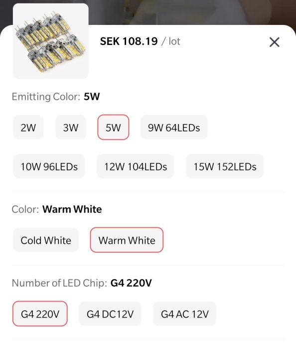 En skärmdump som visar ett urval av LED-lampor, 5W markerat som val av ljusstyrka, Warm White som färgtemperatur och G4 220V som spänningstyp.