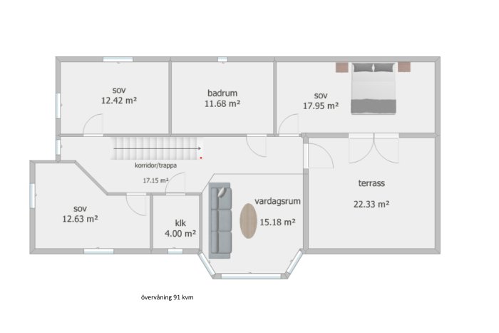 Planlösning av övre våning i ett hus med sovrum, badrum, terrass och vardagsrum markerat.