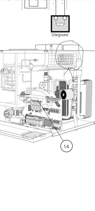 Schematisk illustration av en värmepump med komponenter och etiketter, fokus på eventuell shuntmekanism.