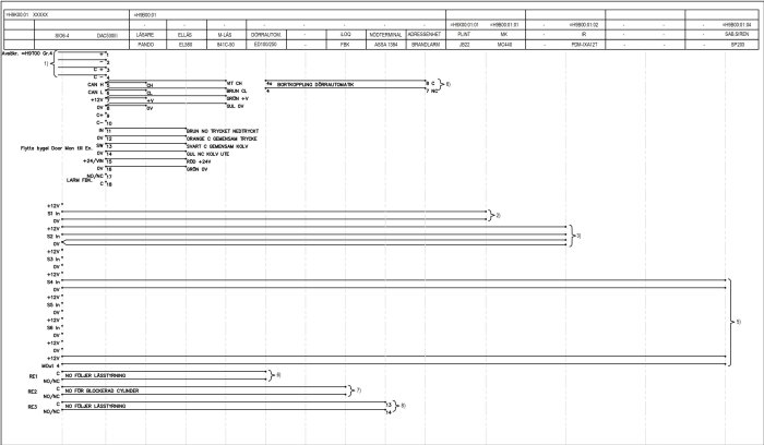 Schematisk ritning som visar elektrisk koppling och förbindning av olika komponenter i ett säkerhetssystem.