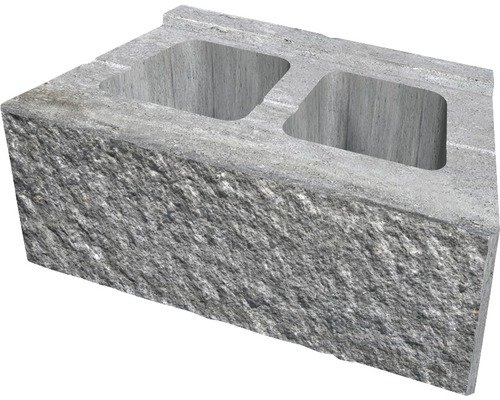 Grå ihålig murblock av betong för användning i stödmur.