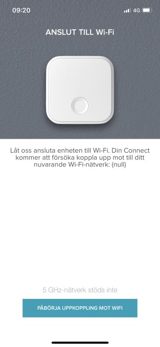 Skärm för anslutning av smart lås till Wi-Fi som visar felmeddelandet "(null)" istället för nätverksnamn.