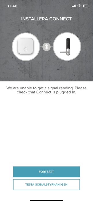 Skärmruta från app för smart lås visar felmeddelande om signalstyrka och två knappar för fortsätt/testa igen.