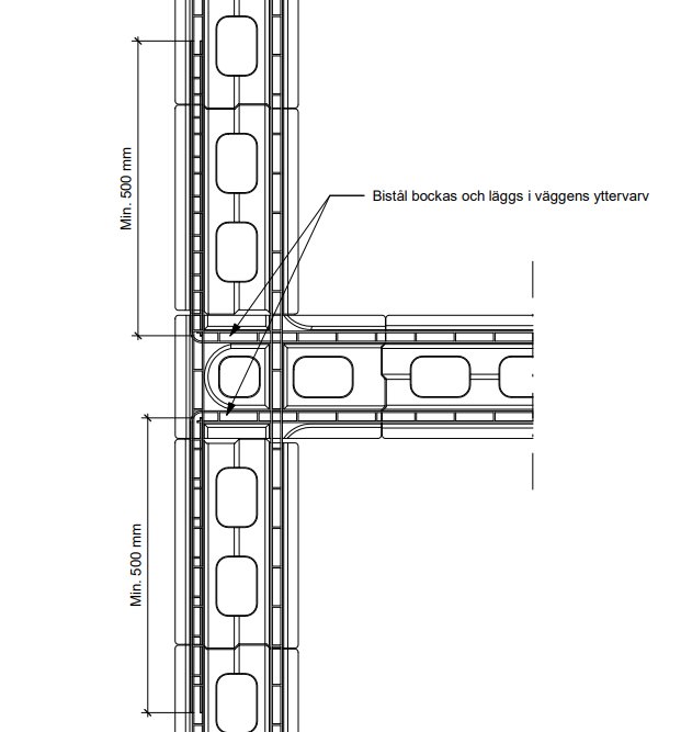 Ritning som visar hur lättklinkerblock ansluts till stödvägg med hörnblock och armering.
