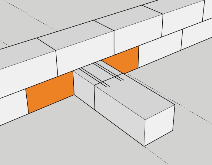 3D-ritning som visar anslutningen av murade leca-stenar vid en stödvägg med markerade stenar i orange.