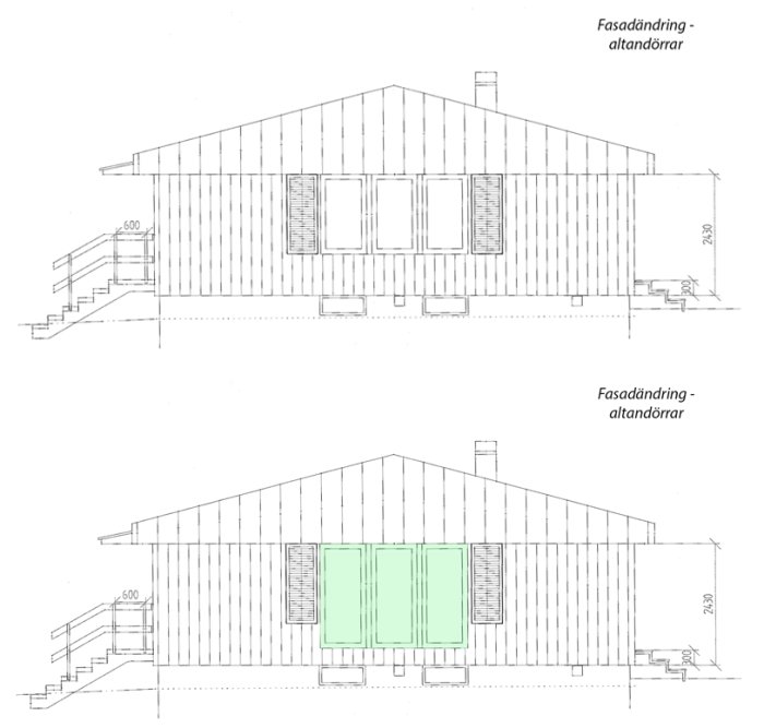 Schematiska ritningar av husfasad före och efter installation av vikdörrar ersättande fönsterparti.