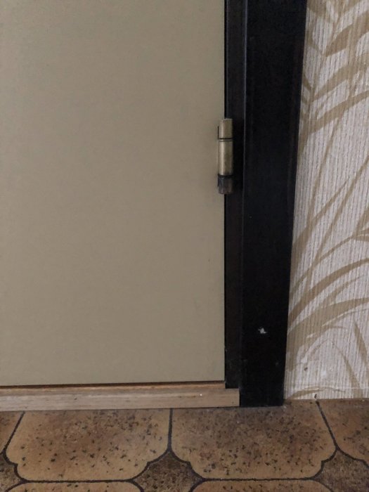 Delvis synlig äldre innerdörr med en dörrkarm från 1982 och synlig gångjärn, intill ett beige mönstrat draperi.