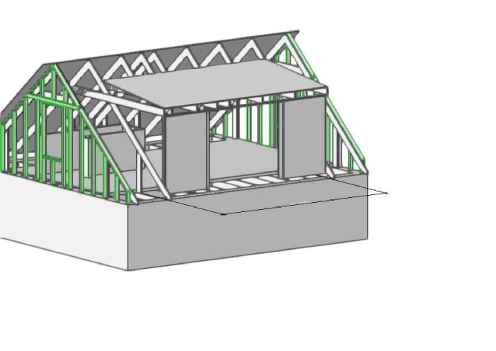 3D-modell av en takkupa med öppna utrymmen för fönster och dörrar.