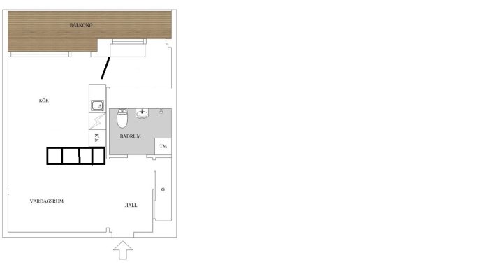 Ritad planlösning av en lägenhet som visar förslag på ombyggnad med kök i L-form och utan sovalkov.