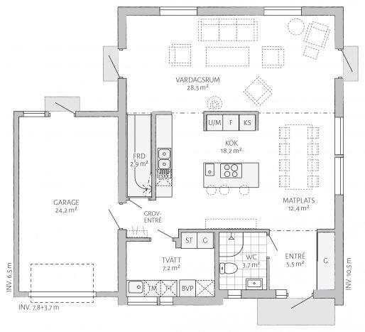 Planritning av Eksjöhus Hagavik på 163 kvm med markerade rum som vardagsrum, kök, entré och garage.