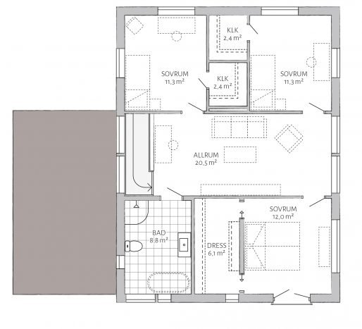 Planlösning av en våning i Eksjöhus Hagavik med sovrum, allrum, badrum och klädkammare.