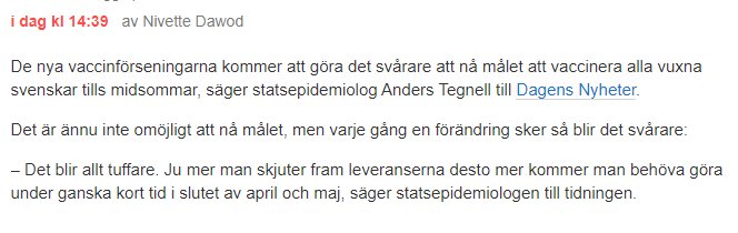 Skärmdump av ett foruminlägg om vaccinförseningar citerande Anders Tegnell.