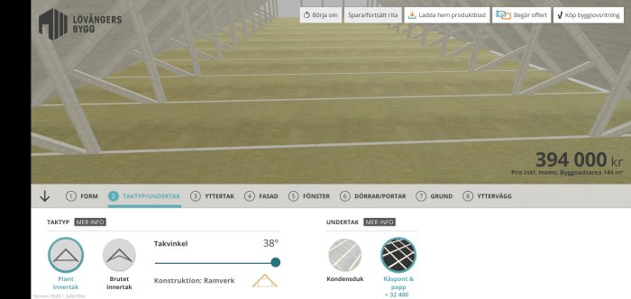 Skiss i program av takkonstruktion med ramverk och angiven takvinkel på 38 grader.