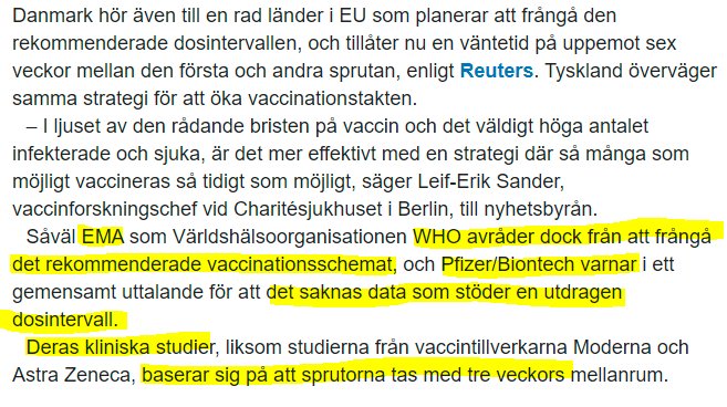 Textutdrag markerat med gult som handlar om vaccinationsscheman och rekommendationer från EMA, WHO och Pfizer/Biontech.