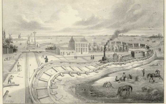 Historisk illustration av en järnväg under konstruktion mellan Amsterdam och Rotterdam från 1847.