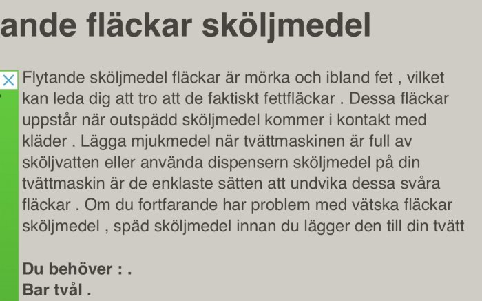 Skärmdump av webbsida med text om hur man tar bort fläckar orsakade av flytande sköljmedel.