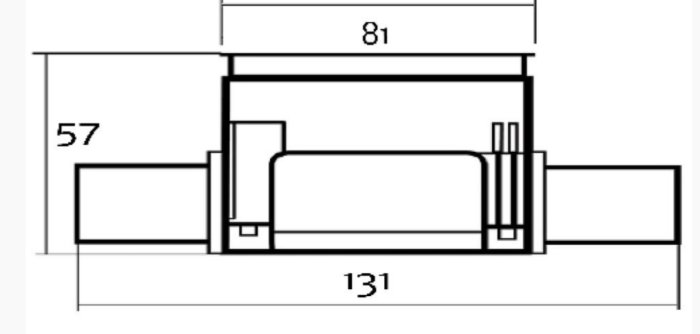 Teknisk ritning av en elektrisk kopplingsdosa med måttangivelser 57mm och 131mm.
