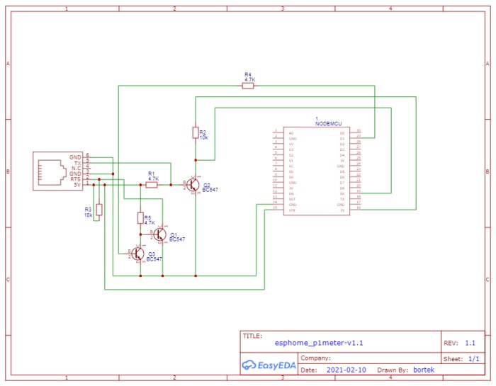 Elektriskt schema för anpassning av RTS5V-koppling till GPIO1-styrning med NODEMCU och transistorer.