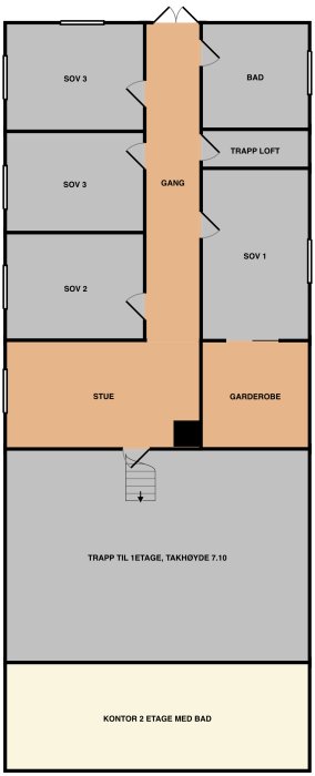 Ritning av hus med trapp till loft, sovrum, bad, garderobe och stue markerade för renoveringsplanering.